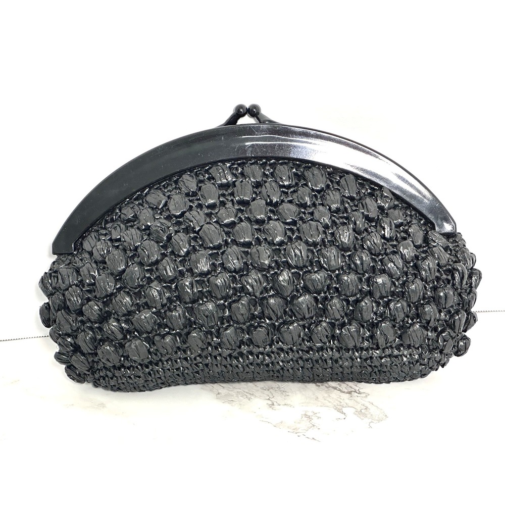 Clutch Women's Black Clutch Straw Kiss Lock Handbag - Picture 2 of 16